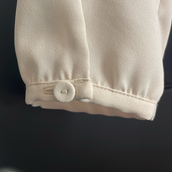 LOFT sheer, long sleeve black + cream color block blouse with back tie - Picture 4 of 7